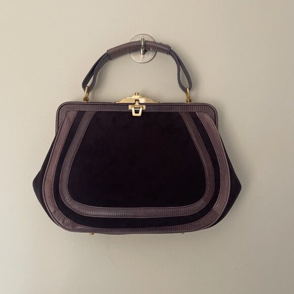 VIA SPIGA Purple Olivia Purple Suede Snakeskin Leather Trim Clutch Purse - Picture 4 of 5
